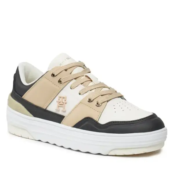 tommy hilfiger Δερμάτινα Γυναικεία sneakers th monogram basket sneaker lo fw0fw07756 aes Μπεζ