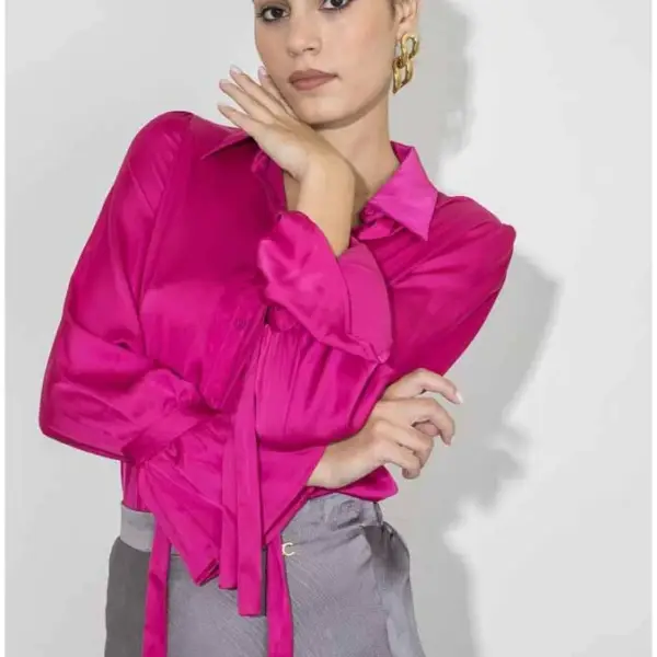 Cento - Πουκάμισο σατινέ με δέσιμο στο μανίκι 2703007-202 Φούξια