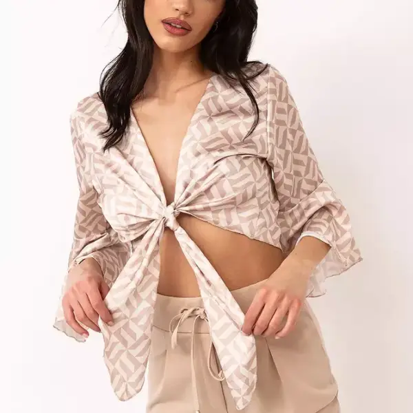 Luigi - Crop Top με Δέσιμο Μπροστά & Μανίκια Καμπάνα 3827802 Μπεζ 3827802