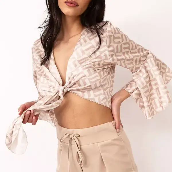 Luigi - Crop Top με Δέσιμο Μπροστά & Μανίκια Καμπάνα 3827802 Μπεζ