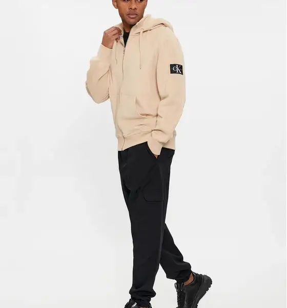 Calvin Klein - Ανδρική Ζακέτα Badge HWK Zip-Through με Φερμουάρ και Κουκούλα Regular Fit J30J324956-ΑΑΤ Μπεζ