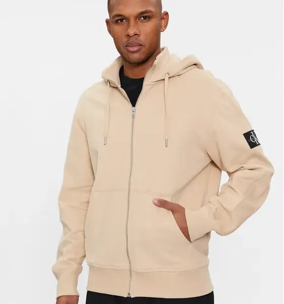 Calvin Klein - Ανδρική Ζακέτα Badge HWK Zip-Through με Φερμουάρ και Κουκούλα Regular Fit J30J324956-ΑΑΤ Μπεζ
