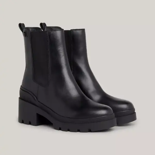 Tommy Hilfiger - Γυναικεία Μποτάκια Leather Cleat Mid Block Heel Boots FW0FW07761-BDS Μαύρα