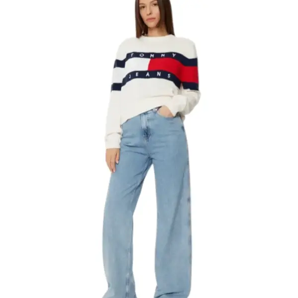 Tommy Hilfiger - Γυναικείο Μακρυμάνικο Πουλόβερ Center Flag Regular Fit DW0DW19335-YBH Λευκό DW0DW19335-YBH