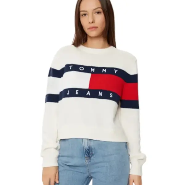 Tommy Hilfiger - Γυναικείο Μακρυμάνικο Πουλόβερ Center Flag Regular Fit DW0DW19335-YBH Λευκό
