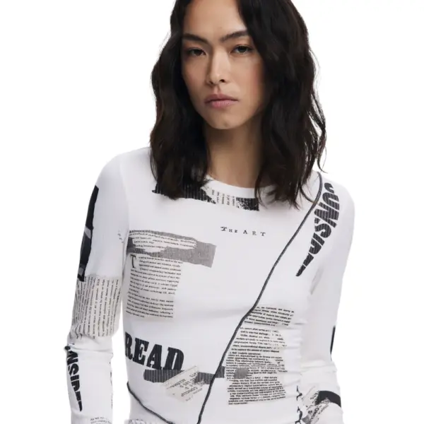 Desigual - Γυναικείο T-Shirt Μακρυμάνικο Newspaper Longsleeve 25WWTK25-1011 Λευκό 25WWTK25-1011