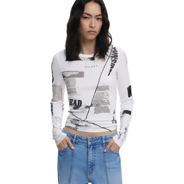 Desigual - Γυναικείο T-Shirt Μακρυμάνικο Newspaper Longsleeve 25WWTK25-1011 Λευκό