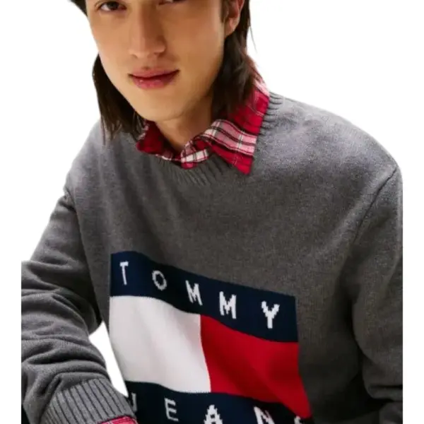 Tommy Hilfiger - Ανδρικό Πουλόβερ Melange Flag Regular Fit DM0DM22105-PU2 Γκρι DM0DM22105-PU2
