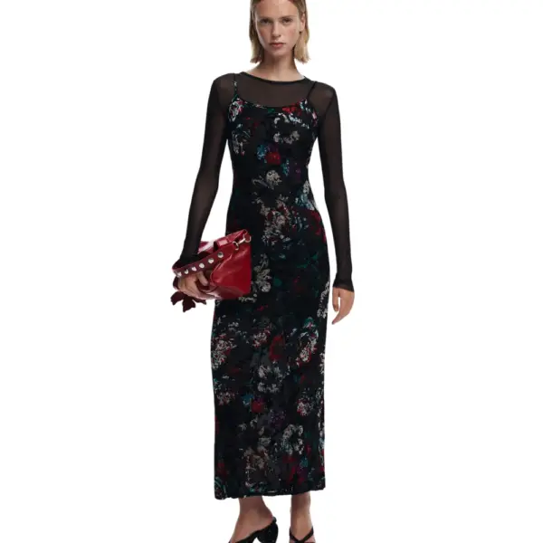 Desigual - Γυναικείο Φόρεμα Kala 2 In 1 Flocked Regular Fit 25WWVK11-2000 Μαύρο