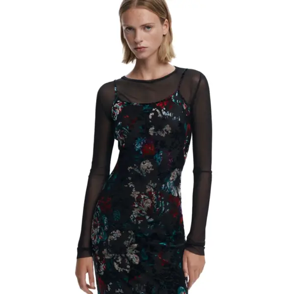 Desigual - Γυναικείο Φόρεμα Kala 2 In 1 Flocked Regular Fit 25WWVK11-2000 Μαύρο 25WWVK11-2000