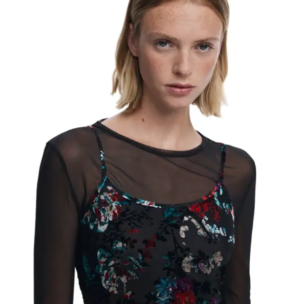 Desigual - Γυναικείο Φόρεμα Kala 2 In 1 Flocked Regular Fit 25WWVK11-2000 Μαύρο 25WWVK11-2000