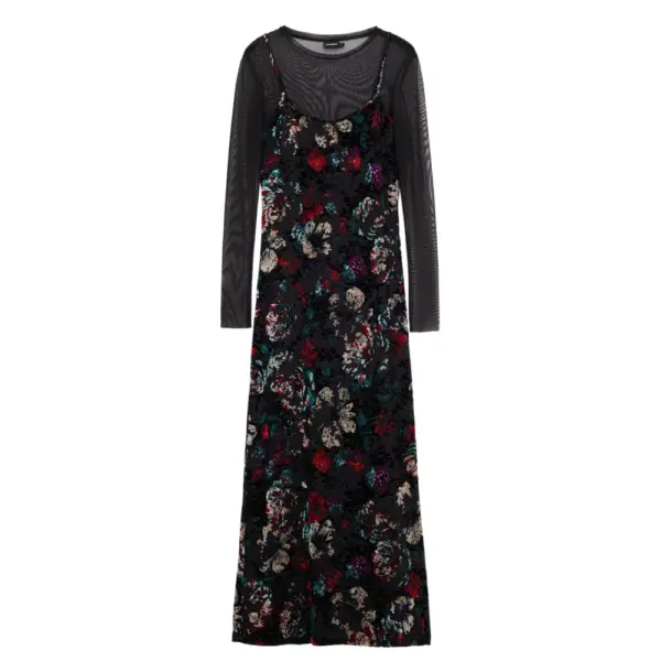 Desigual - Γυναικείο Φόρεμα Kala 2 In 1 Flocked Regular Fit 25WWVK11-2000 Μαύρο 25WWVK11-2000