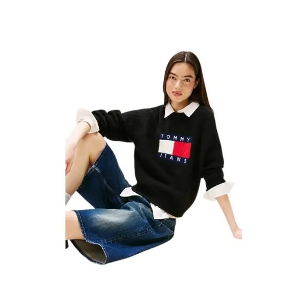 Tommy Hilfiger - Γυναικείο Πουλόβερ Flag Sweater Rib DW0DW21782-HEV Μαύρο DW0DW21782-HEV