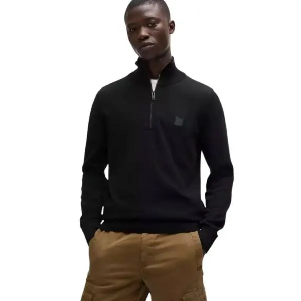 Boss - Ανδρικό Πουλόβερ Zip Neck Sweater In Cotton And Cashmere Kanobix 50527585-001 Μαύρο