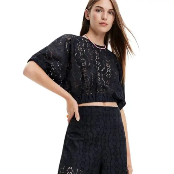 Desigual - Γυναικείο Crop Top Lucca Puff Sleeve Lace Blouse 23SWBW01-2000 Μαύρο