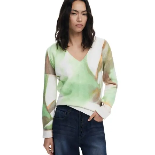 Desigual - Γυναικείο Μακρυμάνικο Πουλόβερ V-Neck Soft Textured 25WWJF13-4146 Πράσινο