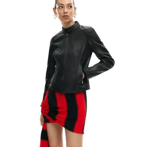 Desigual - Γυναικείο Δερμάτινο Μπουφάν Mao Collar Regular Fit 26SWEW10-2000 Μαύρο