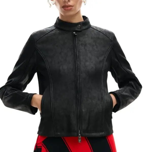 Desigual - Γυναικείο Δερμάτινο Μπουφάν Mao Collar Regular Fit 26SWEW10-2000 Μαύρο 26SWEW10-2000