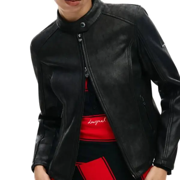 Desigual - Γυναικείο Δερμάτινο Μπουφάν Mao Collar Regular Fit 26SWEW10-2000 Μαύρο 26SWEW10-2000
