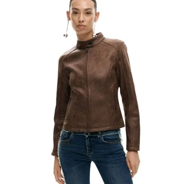 Desigual - Γυναικείο Δερμάτινο Μπουφάν Mao Collar Regular Fit 26SWEW10-6029 Καφέ